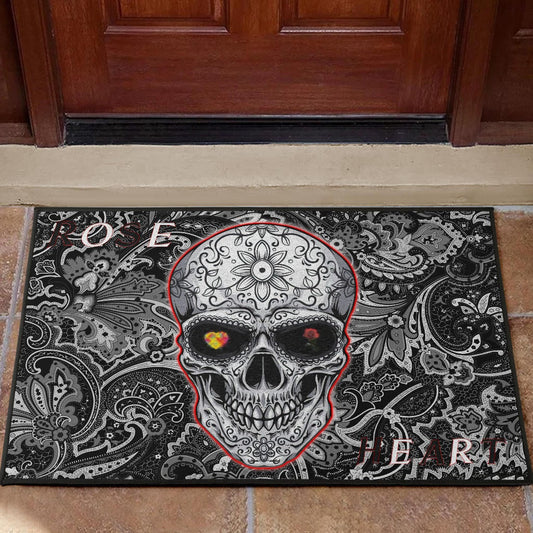 Valentine Door Mat - Tattooed Skull Rose Heart In Eyes Black White Pattern Door Mat Home Decor