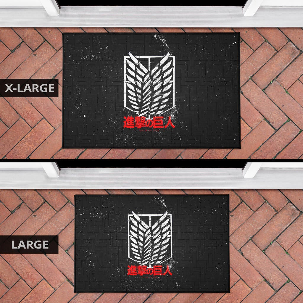 Attack On Titan Anime Door Mat - White Faded Wings Of Free Symbol Red Kanji Door Mat Home Decor
