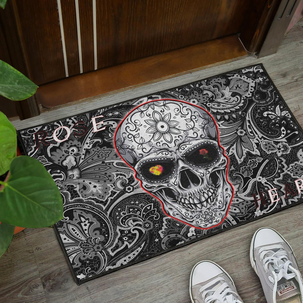 Valentine Door Mat - Tattooed Skull Rose Heart In Eyes Black White Pattern Door Mat Home Decor