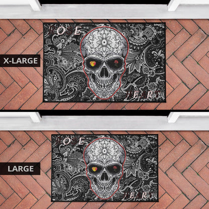 Valentine Door Mat - Tattooed Skull Rose Heart In Eyes Black White Pattern Door Mat Home Decor