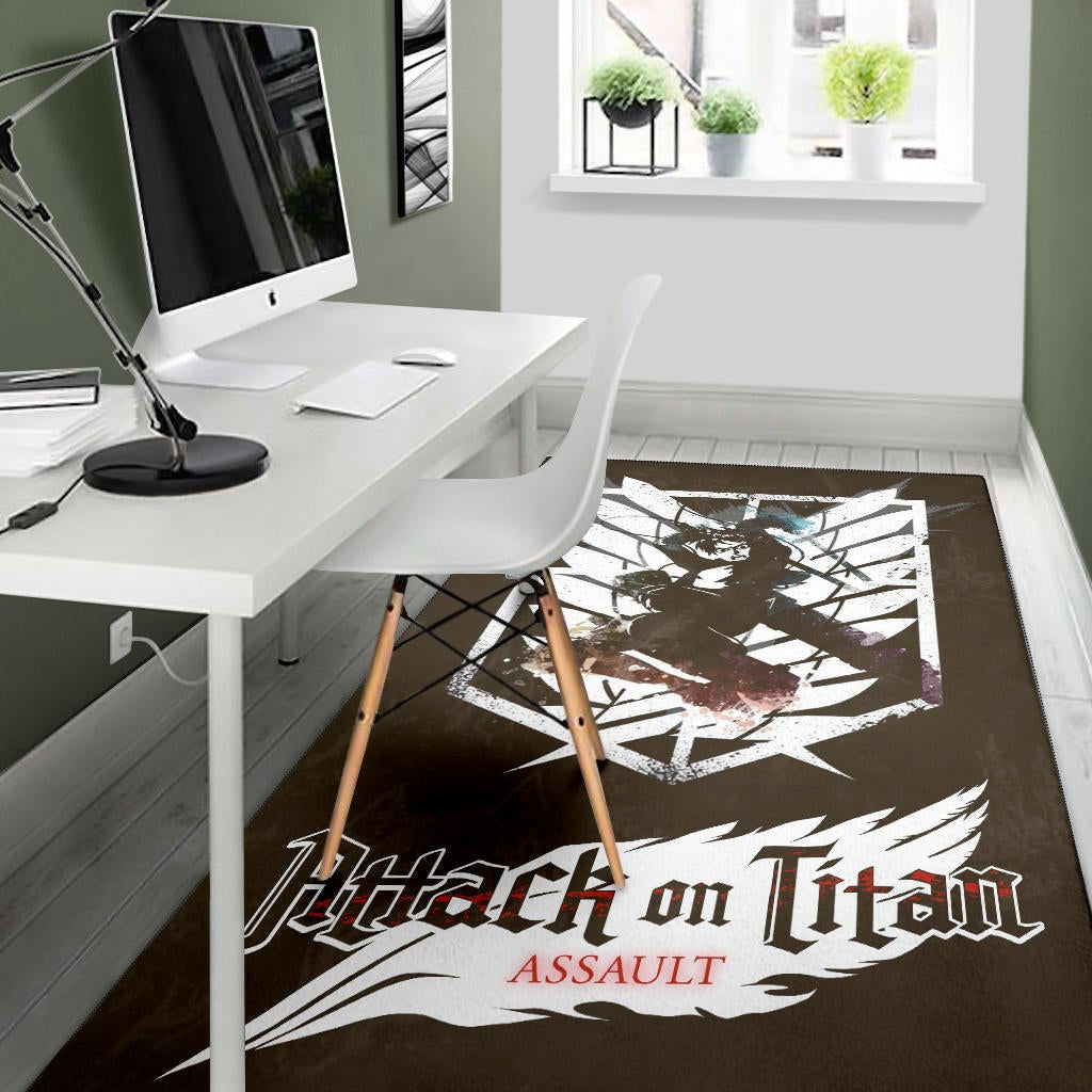 Attack On Titan Anime Area Rug - Eren Fighting White Shining Wings Of Freedom Symbol Rugs Home Decor