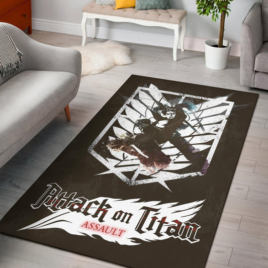 Attack On Titan Anime Area Rug - Eren Fighting White Shining Wings Of Freedom Symbol Rugs Home Decor