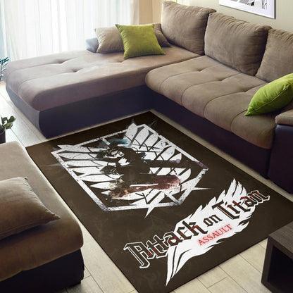 Attack On Titan Anime Area Rug - Eren Fighting White Shining Wings Of Freedom Symbol Rugs Home Decor