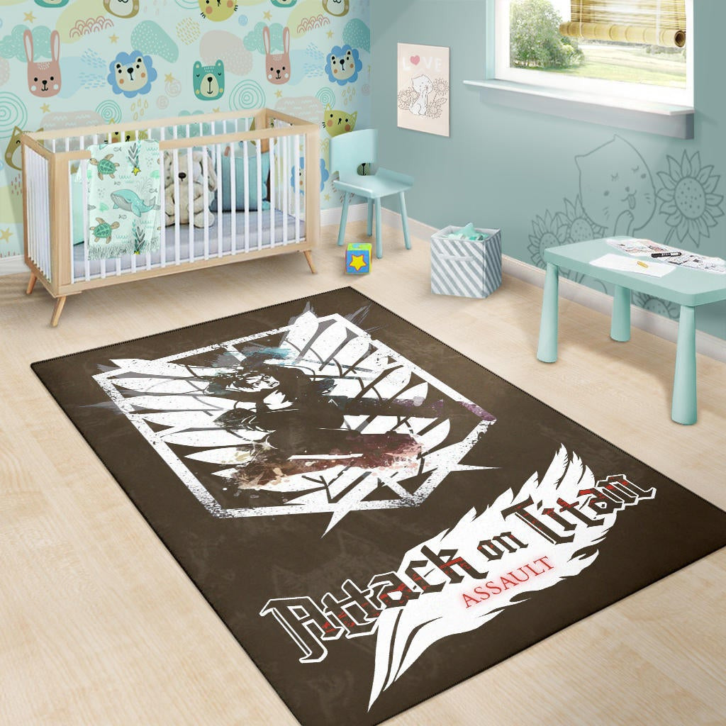Attack On Titan Anime Area Rug - Eren Fighting White Shining Wings Of Freedom Symbol Rugs Home Decor