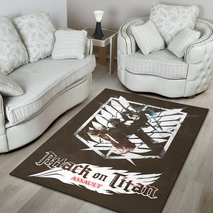 Attack On Titan Anime Area Rug - Eren Fighting White Shining Wings Of Freedom Symbol Rugs Home Decor