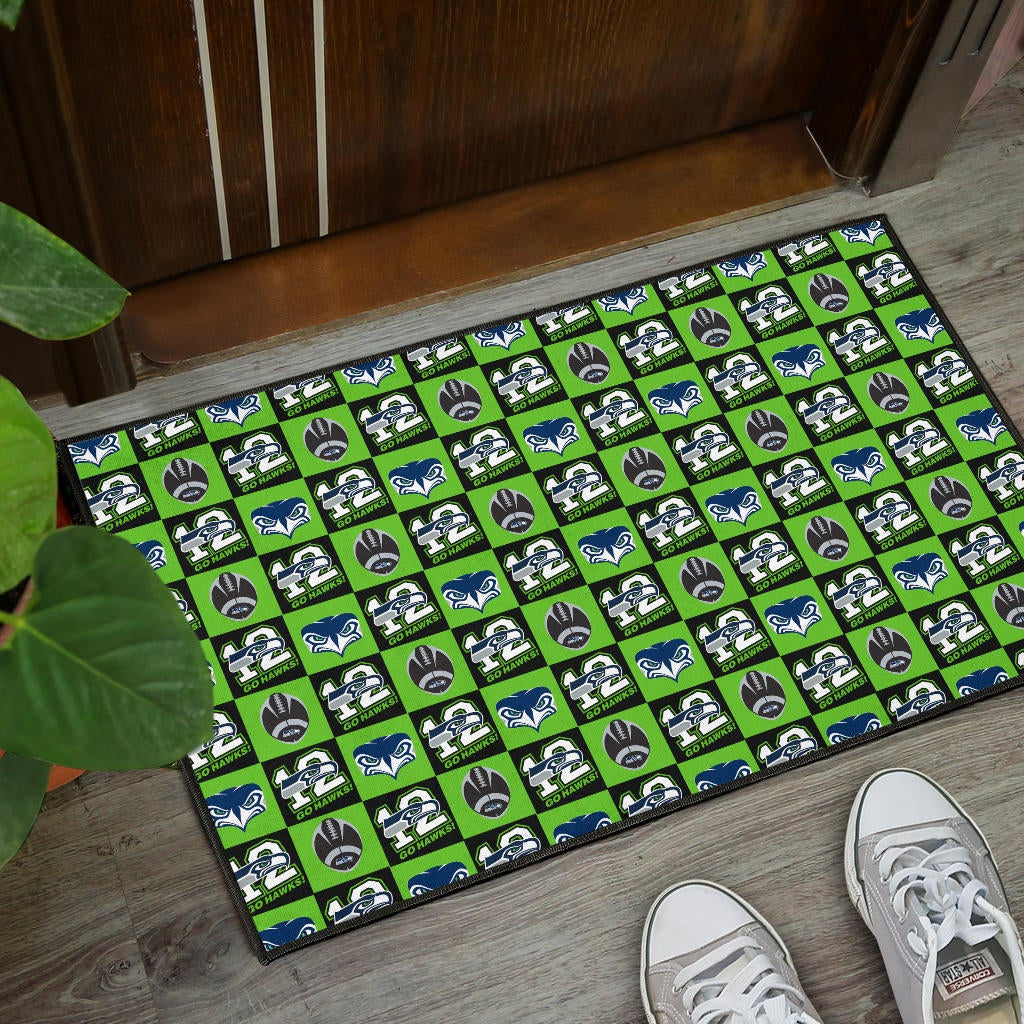 American Football Team Door Mat - Seattle Seahawks Go 12 Rugby Square Patterns Door Mat Home Decor