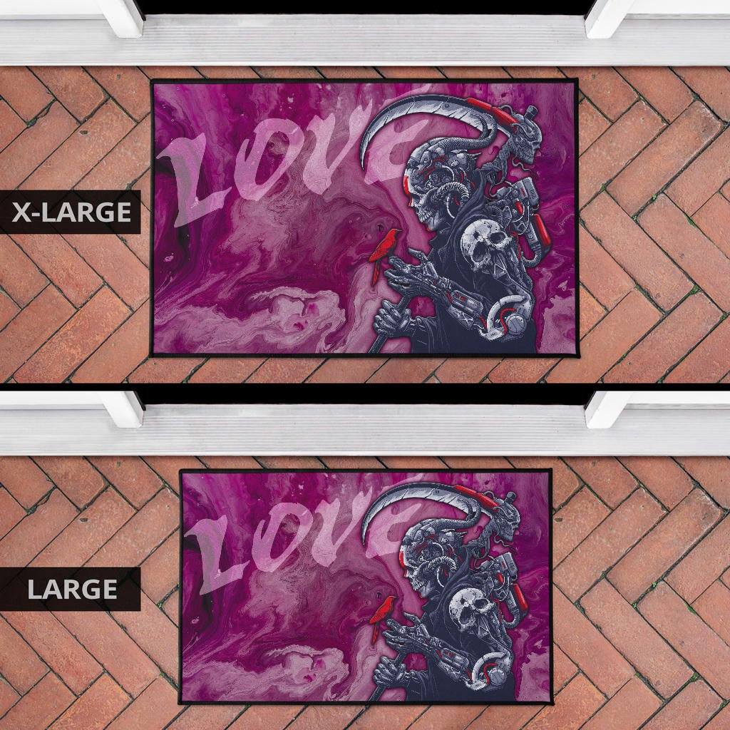 Skull Door Mat - Machine Cyborg Skull Death Reaper In Love Door Mat