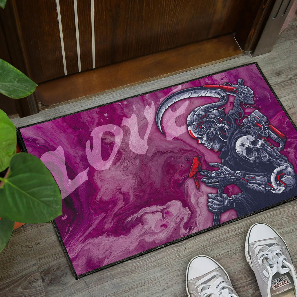Skull Door Mat - Machine Cyborg Skull Death Reaper In Love Door Mat