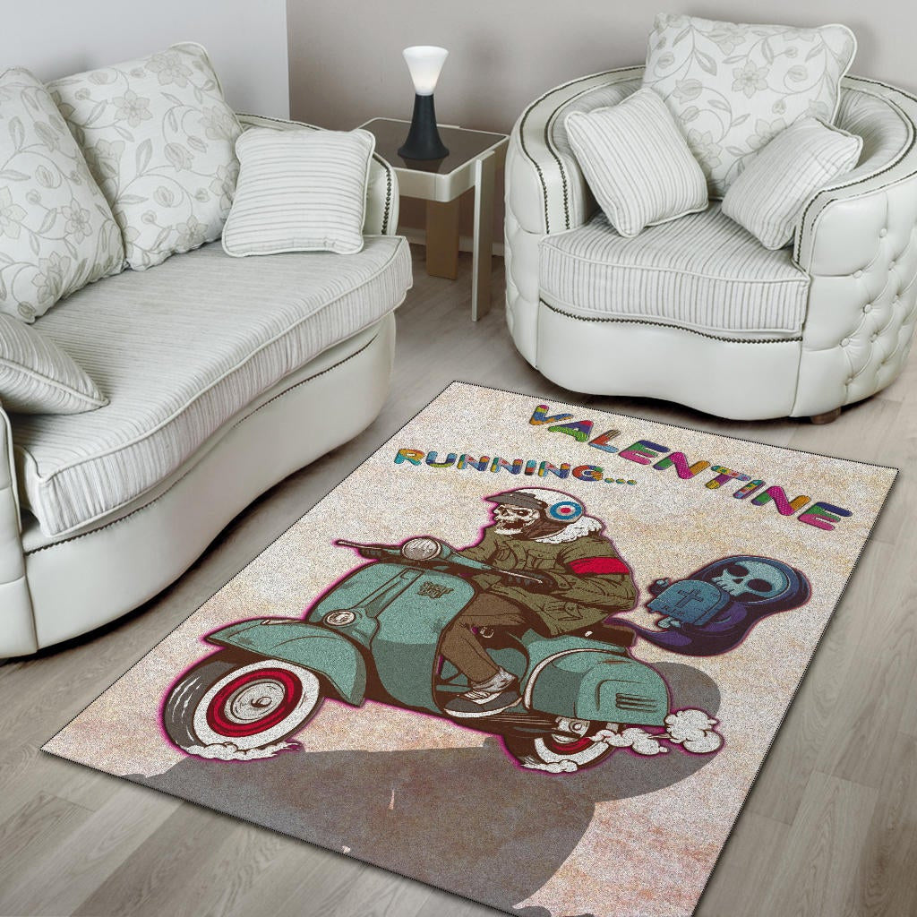 Valentine Area Rug - Skeleton Driving Vespa RIP Running Valentine Rugs Home Decor