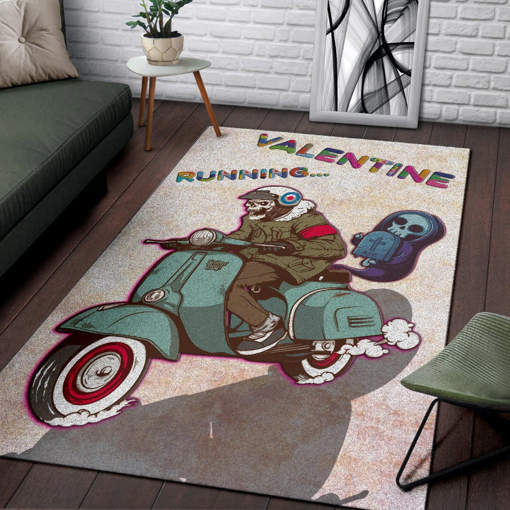 Valentine Area Rug - Skeleton Driving Vespa RIP Running Valentine Rugs Home Decor