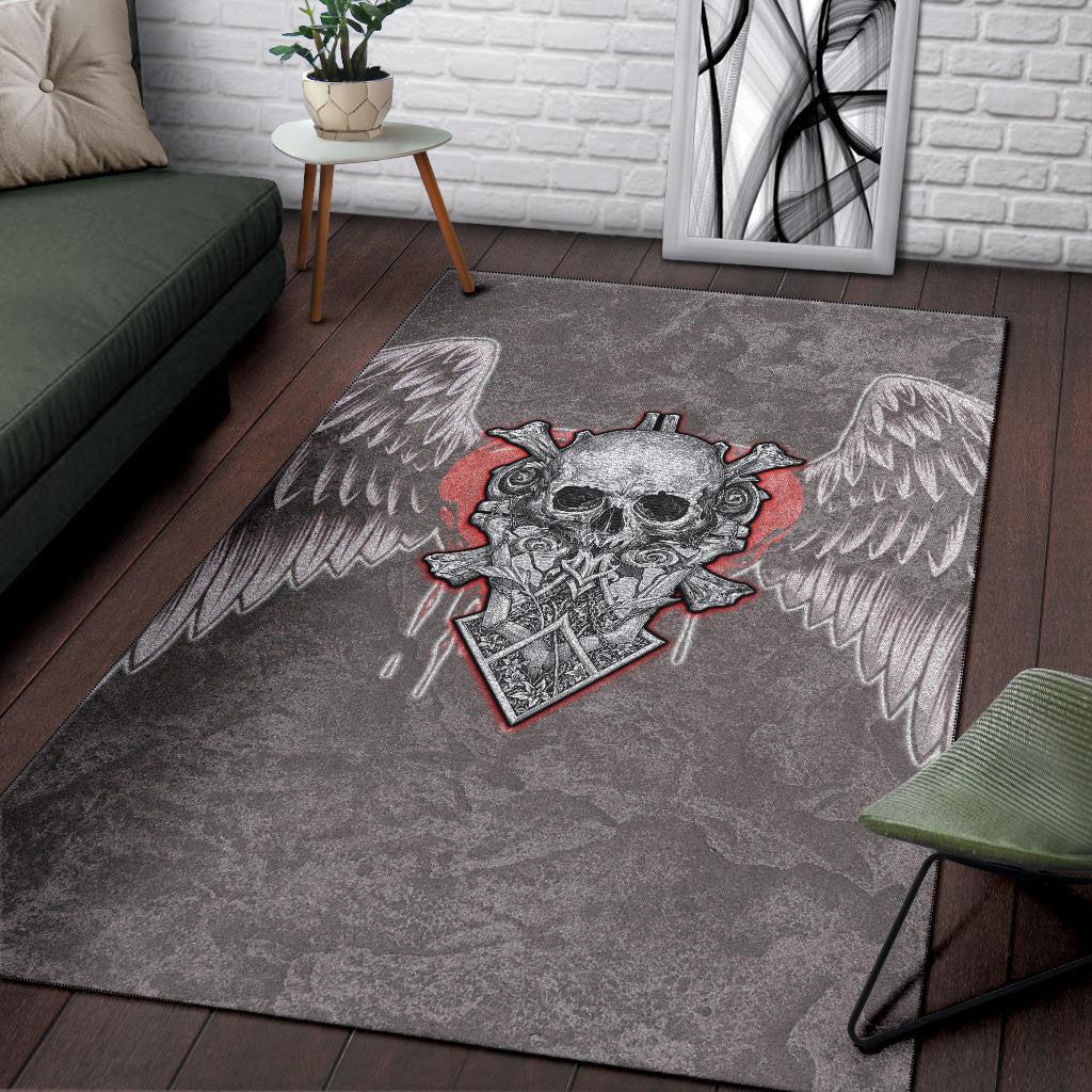 Valentine Area Rug Strange Skull With Angel Wings Red Heart Rugs Home Decor NT121102