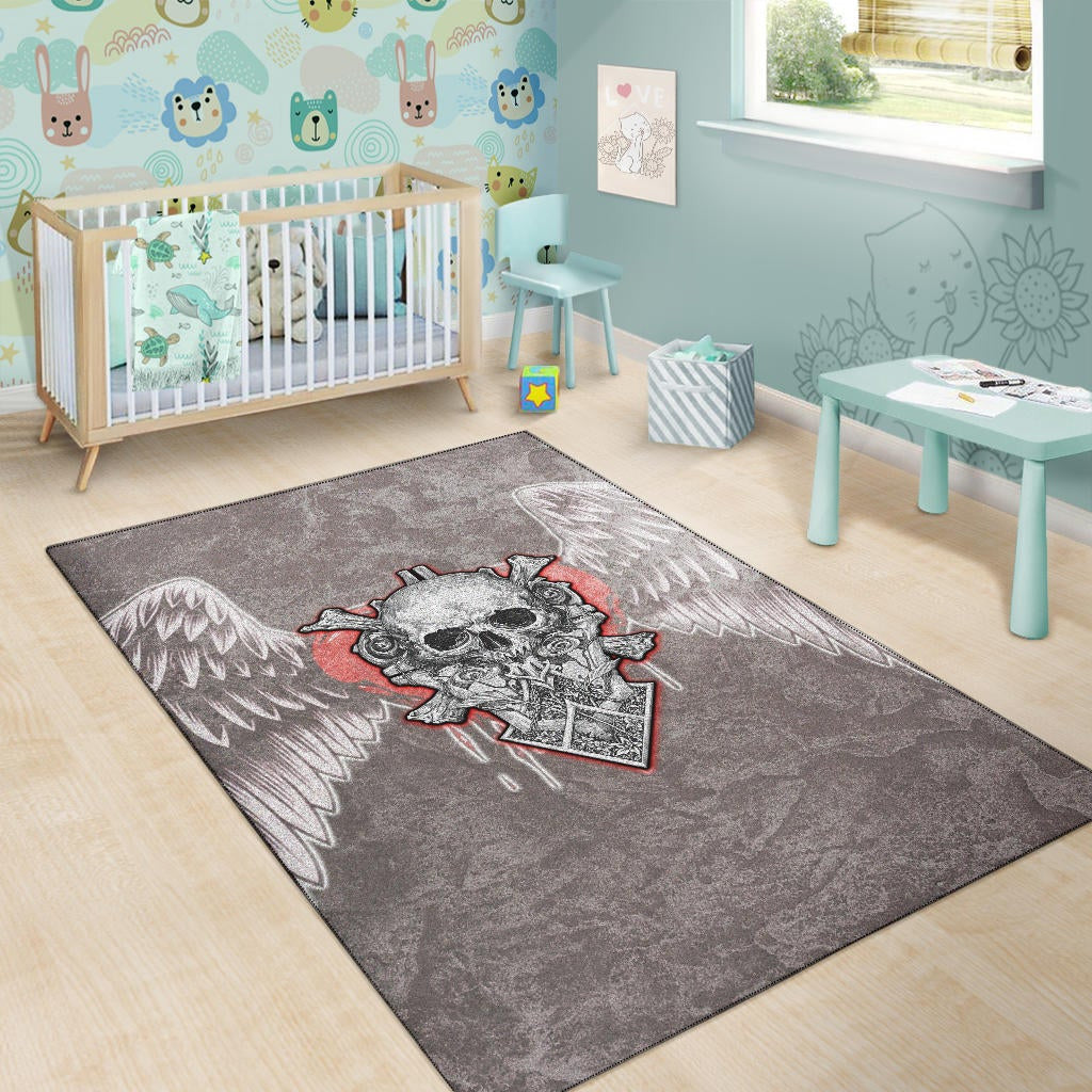Valentine Area Rug Strange Skull With Angel Wings Red Heart Rugs Home Decor NT121102