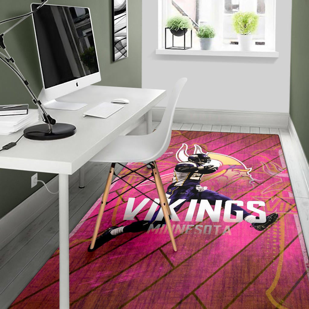 Minnesota Vikings American Football Team Area Rug Adrian Peterson Jumping Symbol On Pink Wall Background Rugs Home Decor