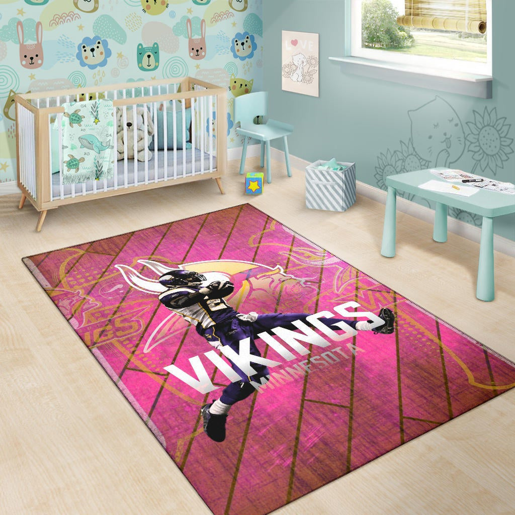 Minnesota Vikings American Football Team Area Rug Adrian Peterson Jumping Symbol On Pink Wall Background Rugs Home Decor