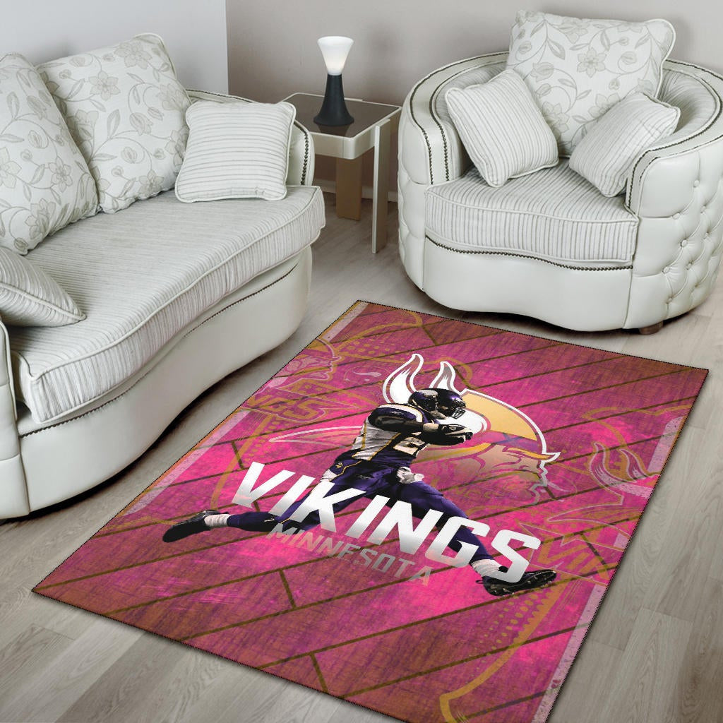 Minnesota Vikings American Football Team Area Rug Adrian Peterson Jumping Symbol On Pink Wall Background Rugs Home Decor