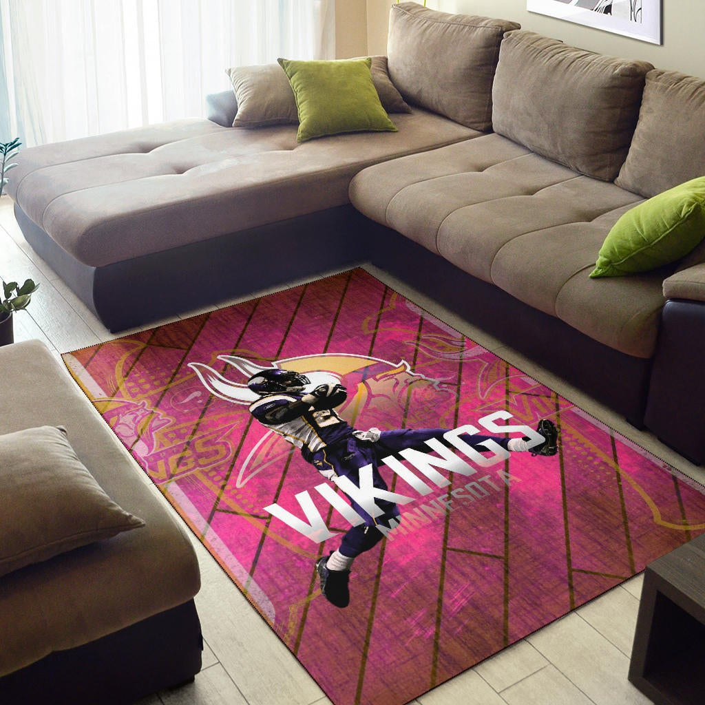 Minnesota Vikings American Football Team Area Rug Adrian Peterson Jumping Symbol On Pink Wall Background Rugs Home Decor
