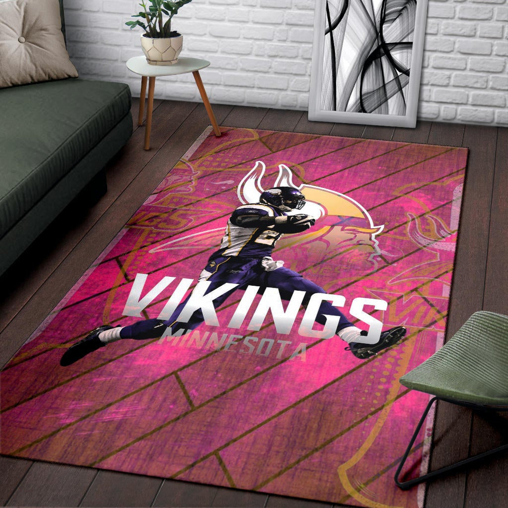 Minnesota Vikings American Football Team Area Rug Adrian Peterson Jumping Symbol On Pink Wall Background Rugs Home Decor