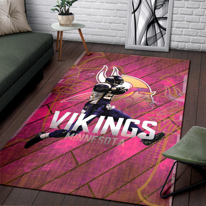 Minnesota Vikings American Football Team Area Rug Adrian Peterson Jumping Symbol On Pink Wall Background Rugs Home Decor