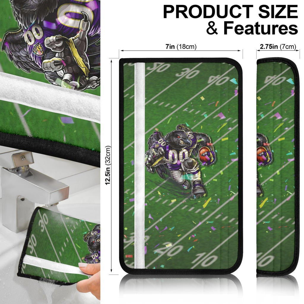 Baltimore Ravens American Football Team Seat Belt Covers Angry Muscle Raven Holding Rugby Ball Running On Field Belt Covers
