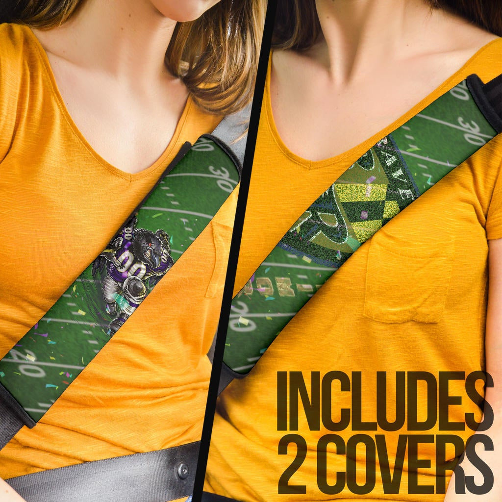 Baltimore Ravens American Football Team Seat Belt Covers Angry Muscle Raven Holding Rugby Ball Running On Field Belt Covers