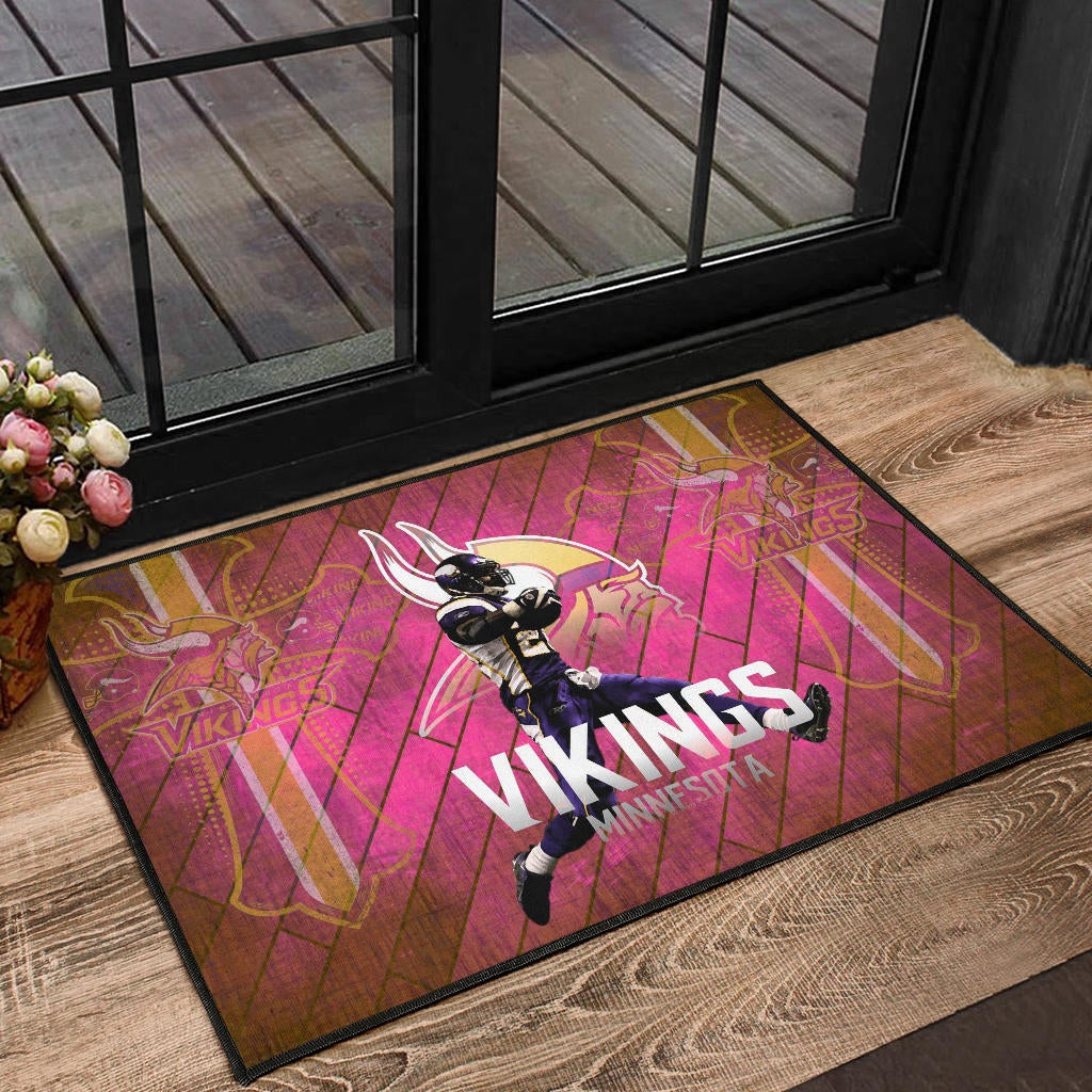 Minnesota Vikings American Football Team Door Mat Adrian Peterson Jumping Symbol On Pink Wall Background Door Mat Home Decor