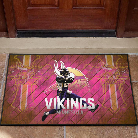 Minnesota Vikings American Football Team Door Mat Adrian Peterson Jumping Symbol On Pink Wall Background Door Mat Home Decor