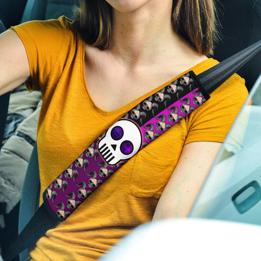 Valentine Seat Belt Covers - Chibi Skull Evil Horn Monster Patterns Purple And Black Belt Covers