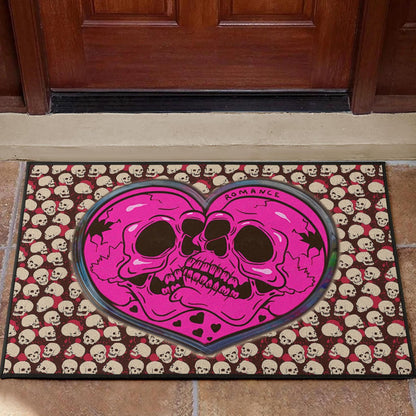 Skull Door Mat - Romantic Couple Skull Love Pink Heart Patterns Door Mat Home Decor