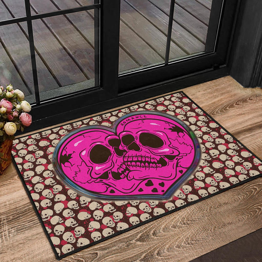 Skull Door Mat - Romantic Couple Skull Love Pink Heart Patterns Door Mat Home Decor
