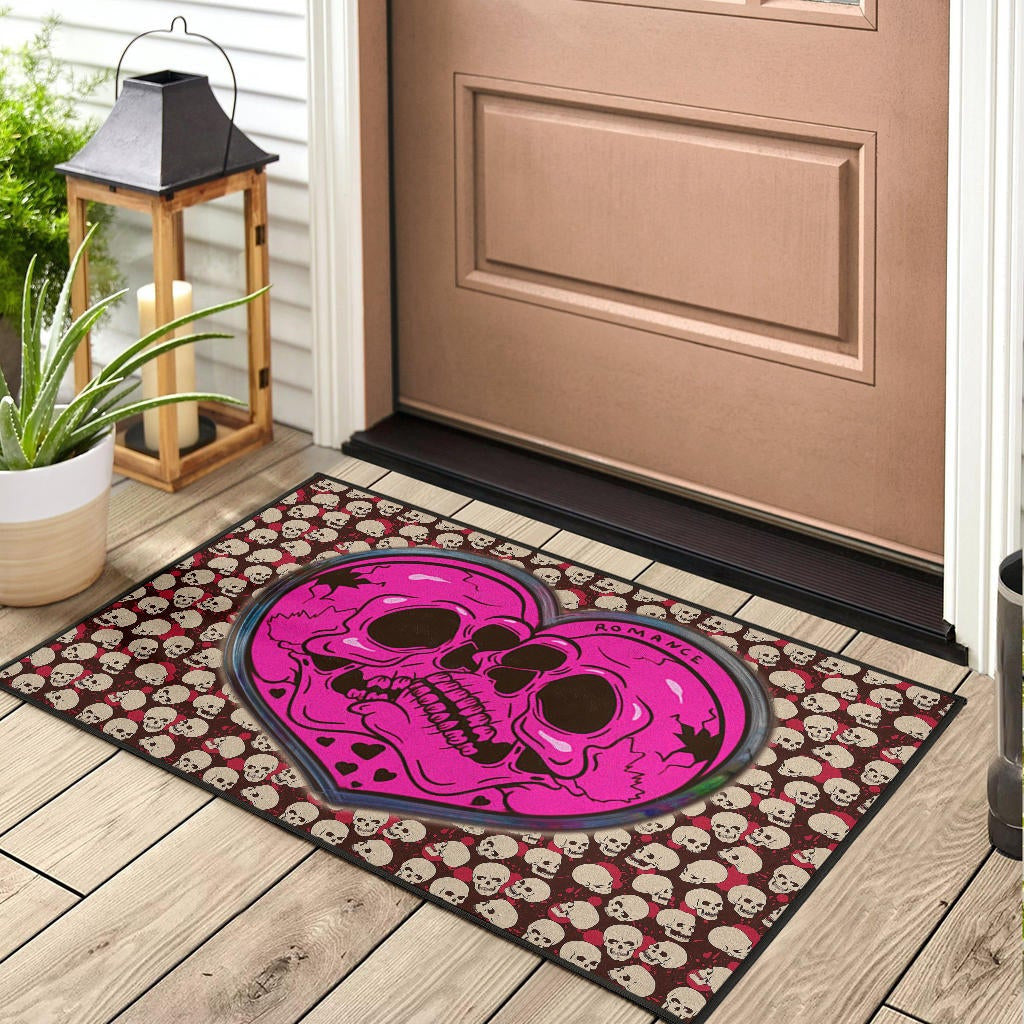 Skull Door Mat - Romantic Couple Skull Love Pink Heart Patterns Door Mat Home Decor