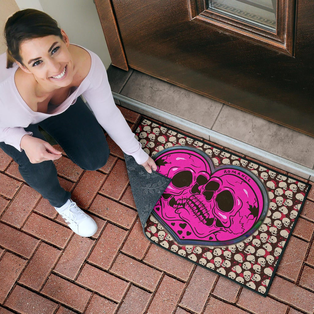 Skull Door Mat - Romantic Couple Skull Love Pink Heart Patterns Door Mat Home Decor