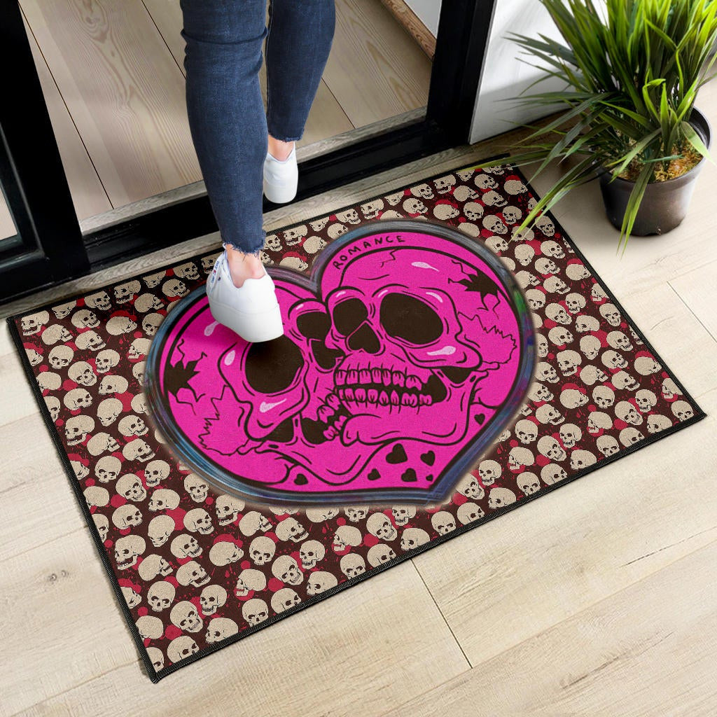 Skull Door Mat - Romantic Couple Skull Love Pink Heart Patterns Door Mat Home Decor