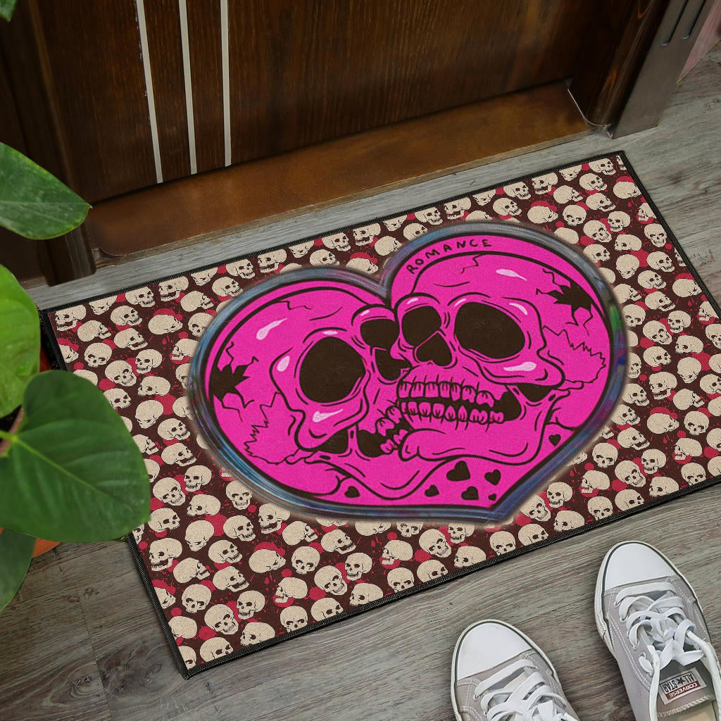Skull Door Mat - Romantic Couple Skull Love Pink Heart Patterns Door Mat Home Decor