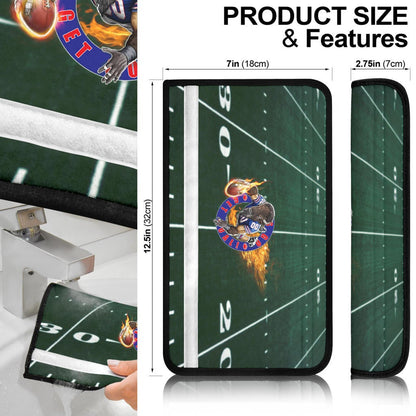 Buffalo Bills American Football Team Seat Belt Covers Player With Buffalo Head Holding Flaming Rugby Ball Belt Covers