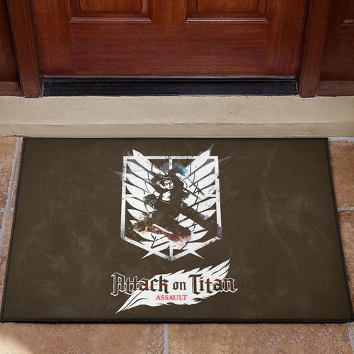 Attack On Titan Anime Door Mat - Eren Fighting White Shining Wings Of Freedom Symbol Door Mat Home Decor