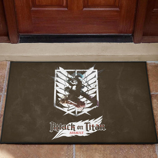 Attack On Titan Anime Door Mat - Eren Fighting White Shining Wings Of Freedom Symbol Door Mat Home Decor
