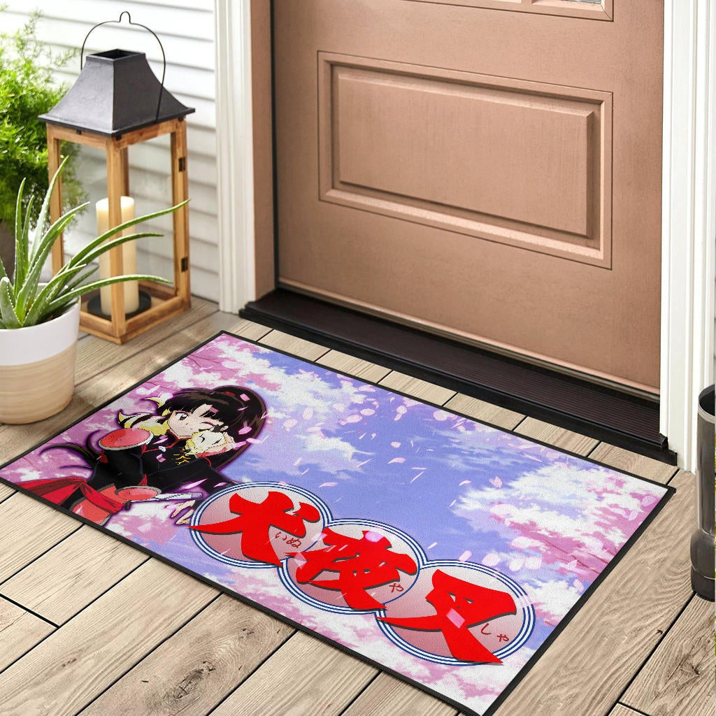 Inuyasha Anime Door Mat Sango And Kirara Hugging Sakura Blossom Kanji Text Door Mat Home Decor