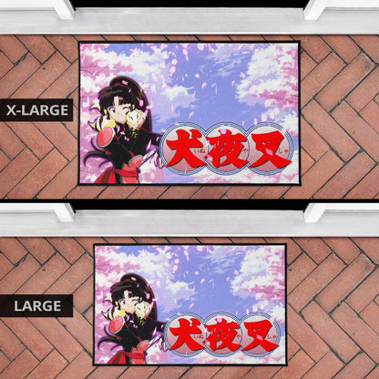 Inuyasha Anime Door Mat Sango And Kirara Hugging Sakura Blossom Kanji Text Door Mat Home Decor