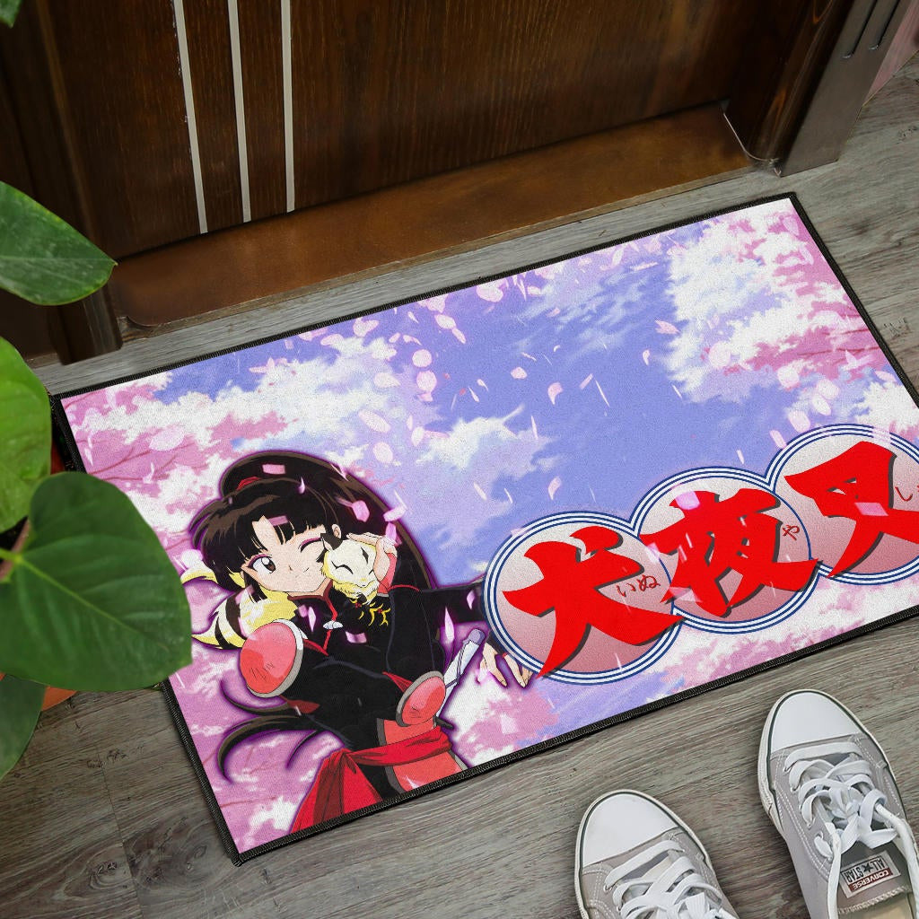 Inuyasha Anime Door Mat Sango And Kirara Hugging Sakura Blossom Kanji Text Door Mat Home Decor