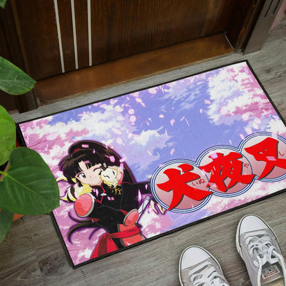 Inuyasha Anime Door Mat Sango And Kirara Hugging Sakura Blossom Kanji Text Door Mat Home Decor
