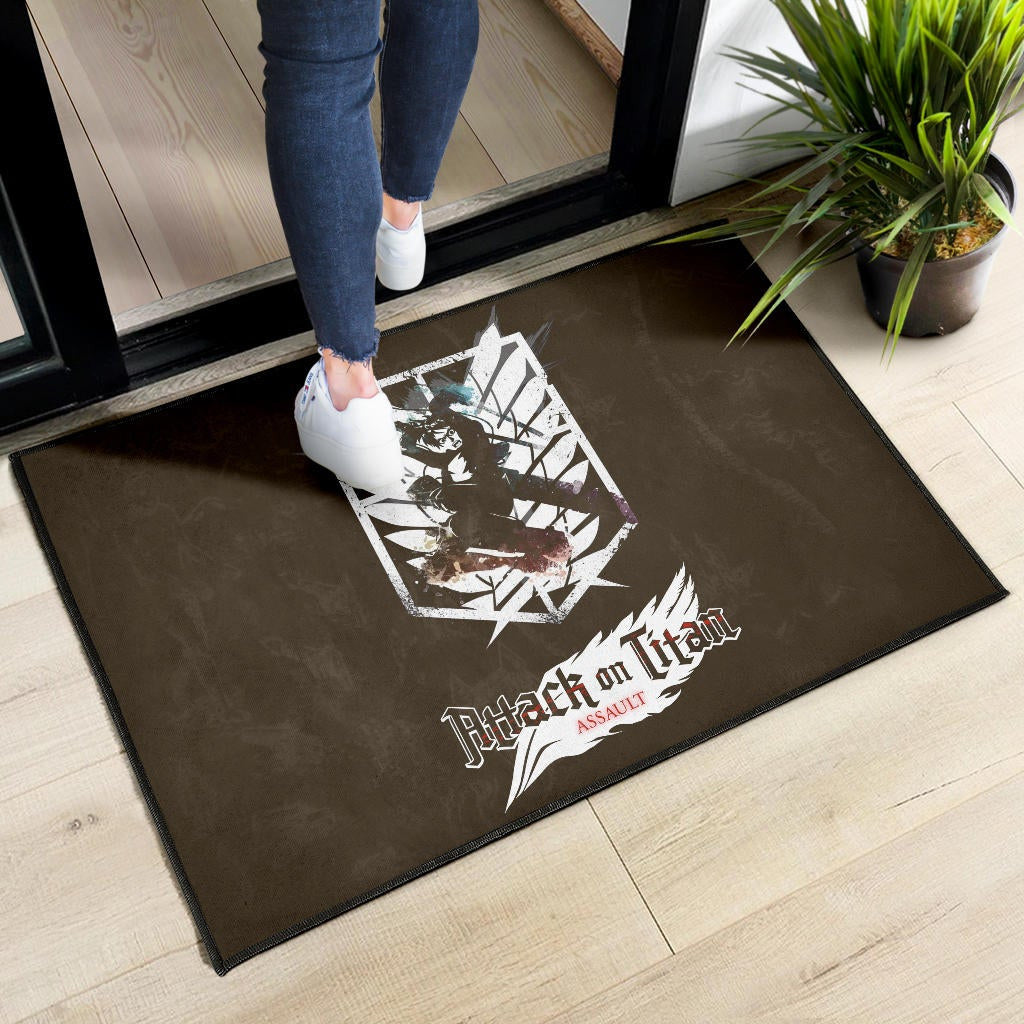 Attack On Titan Anime Door Mat - Eren Fighting White Shining Wings Of Freedom Symbol Door Mat Home Decor