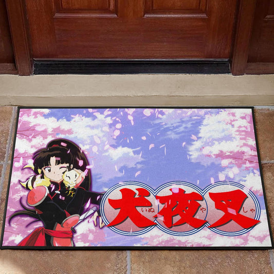 Inuyasha Anime Door Mat Sango And Kirara Hugging Sakura Blossom Kanji Text Door Mat Home Decor