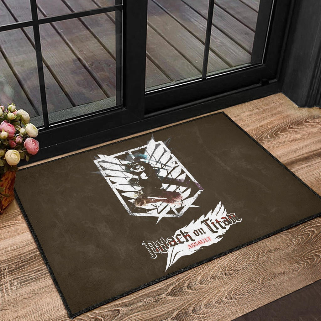 Attack On Titan Anime Door Mat - Eren Fighting White Shining Wings Of Freedom Symbol Door Mat Home Decor