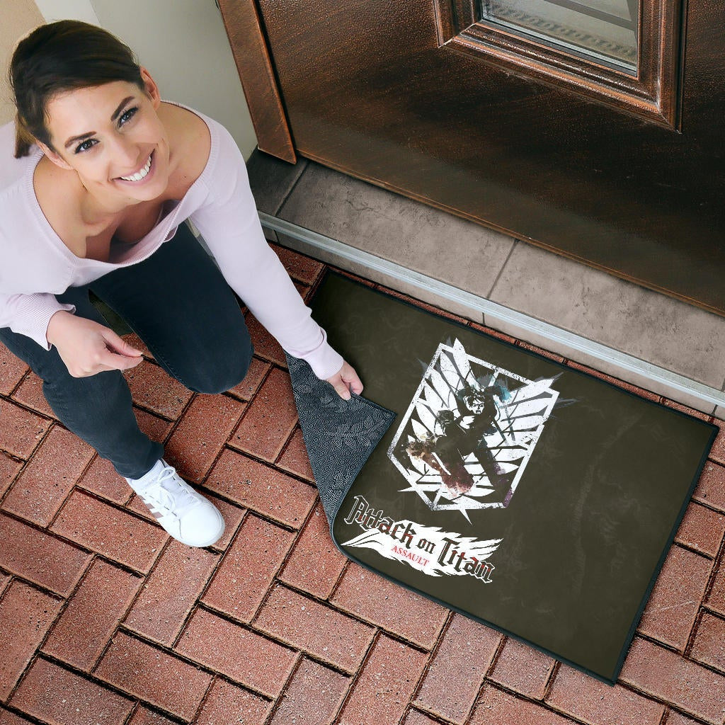 Attack On Titan Anime Door Mat - Eren Fighting White Shining Wings Of Freedom Symbol Door Mat Home Decor