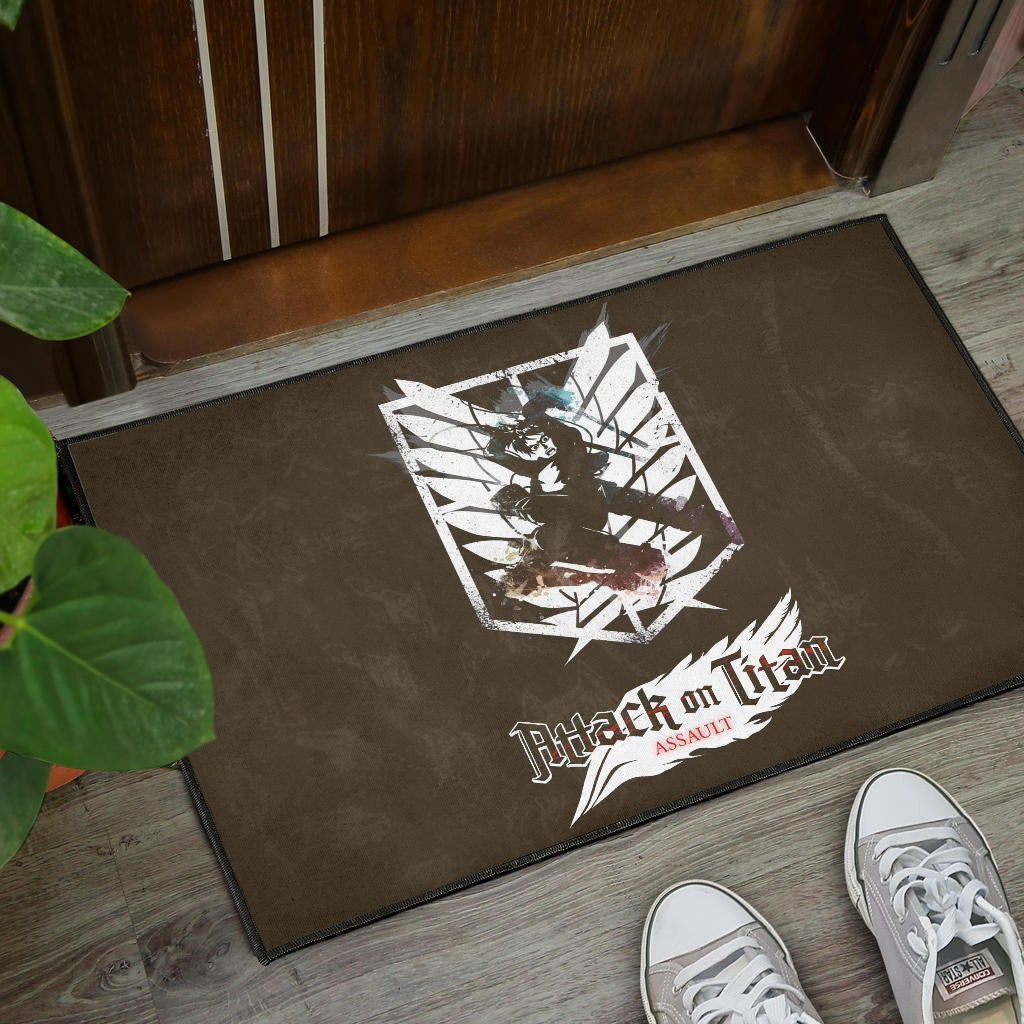 Attack On Titan Anime Door Mat - Eren Fighting White Shining Wings Of Freedom Symbol Door Mat Home Decor