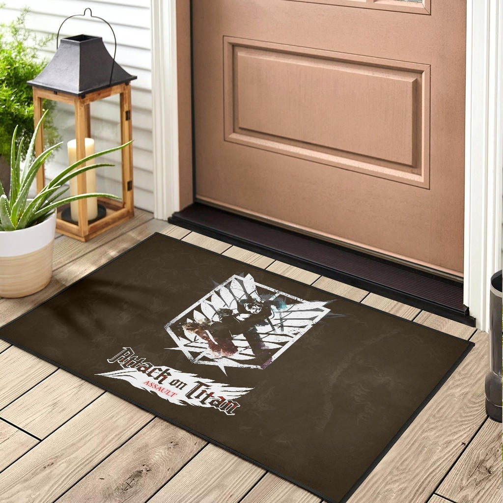 Attack On Titan Anime Door Mat - Eren Fighting White Shining Wings Of Freedom Symbol Door Mat Home Decor
