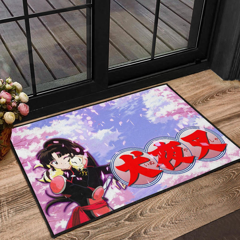 Inuyasha Anime Door Mat Sango And Kirara Hugging Sakura Blossom Kanji Text Door Mat Home Decor