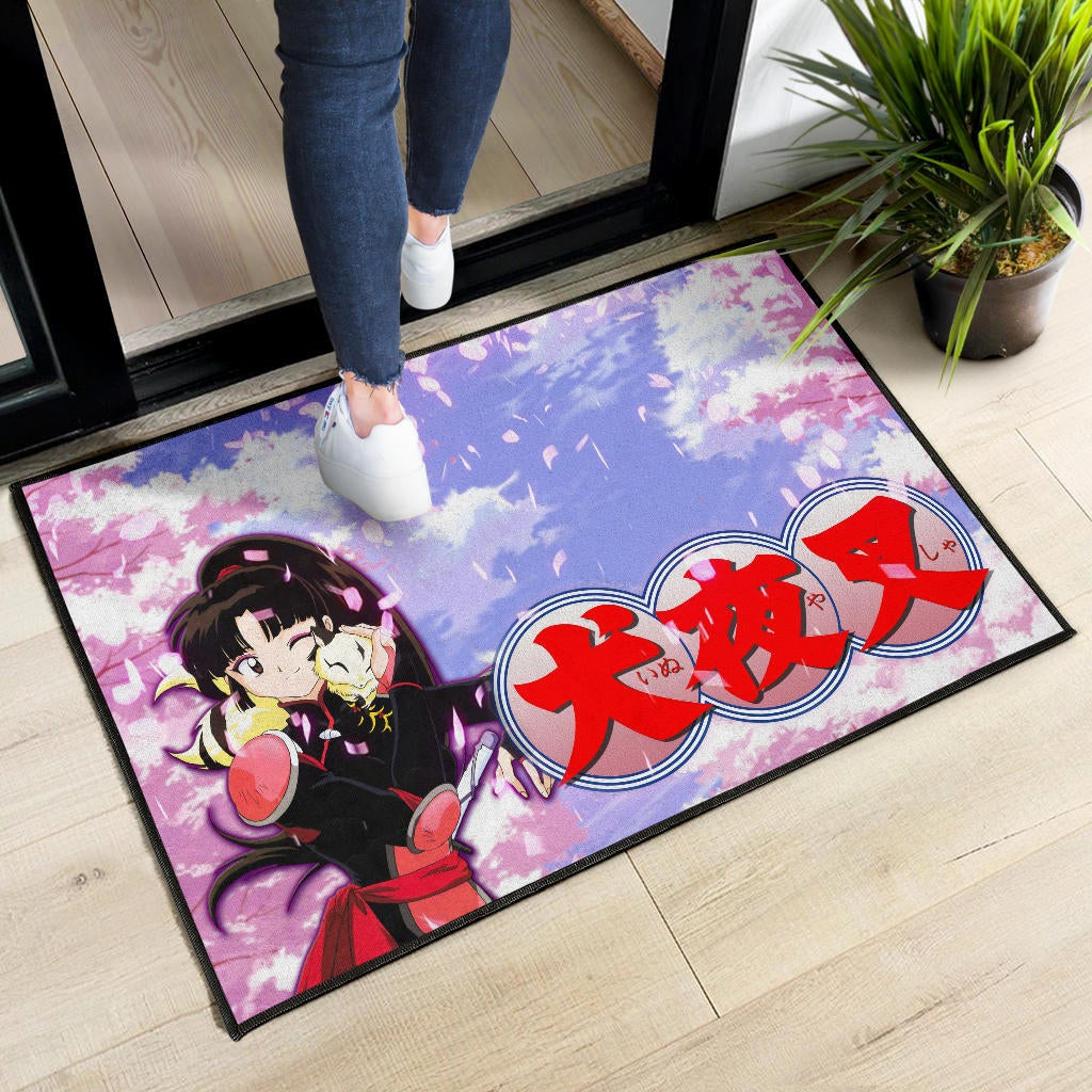 Inuyasha Anime Door Mat Sango And Kirara Hugging Sakura Blossom Kanji Text Door Mat Home Decor