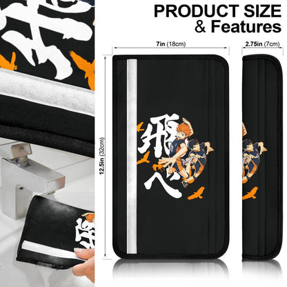 Haikyuu Anime Seat Belt Covers - Hinata And Kageyama Playing Volleyball Orange Crow Silhouette Kanji Belt Covers