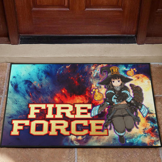 Fire Force Anime Door Mat Witch Maki Oze With Cute Baby Fire Artwork Galaxy Door Mat Home Decor